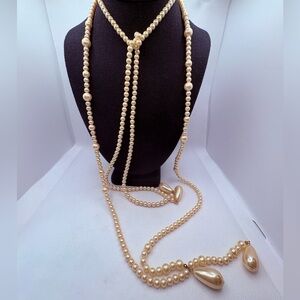 Vintage Liz Claiborne Long Open Layer Cream Faux Pearl Necklace Teardrop Accent